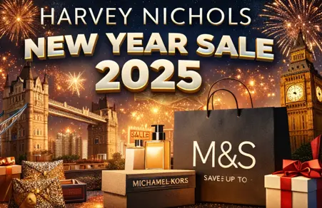 Harvey Nichols New Year Sale 2025 UK with luxury fashion, beauty products, and January discounts