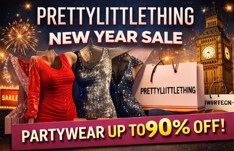 Pretty Little Thing New Year Sale 2026 UK featuring party dresses and fashion deals up to 90% off