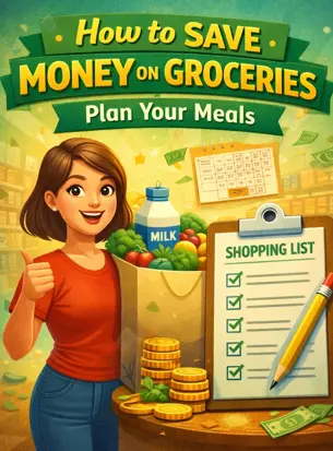 Woman planning grocery shopping with meal plan and shopping list to save money on groceries