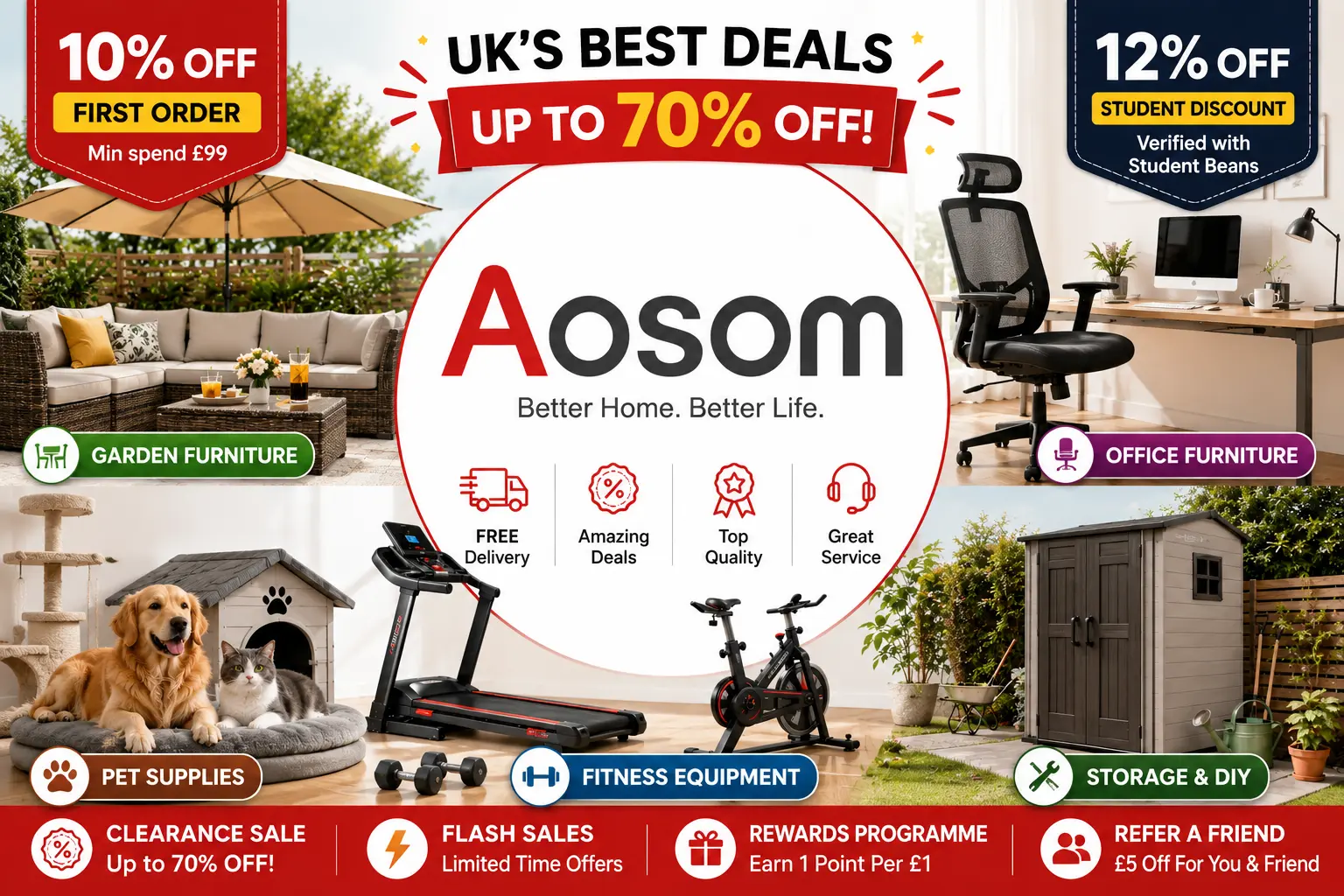 Aosom UK Discount Code: 10% Off First Order, 12% Student Saving, £5 Referral and Every Way to Pay Less at Aosom.co.uk