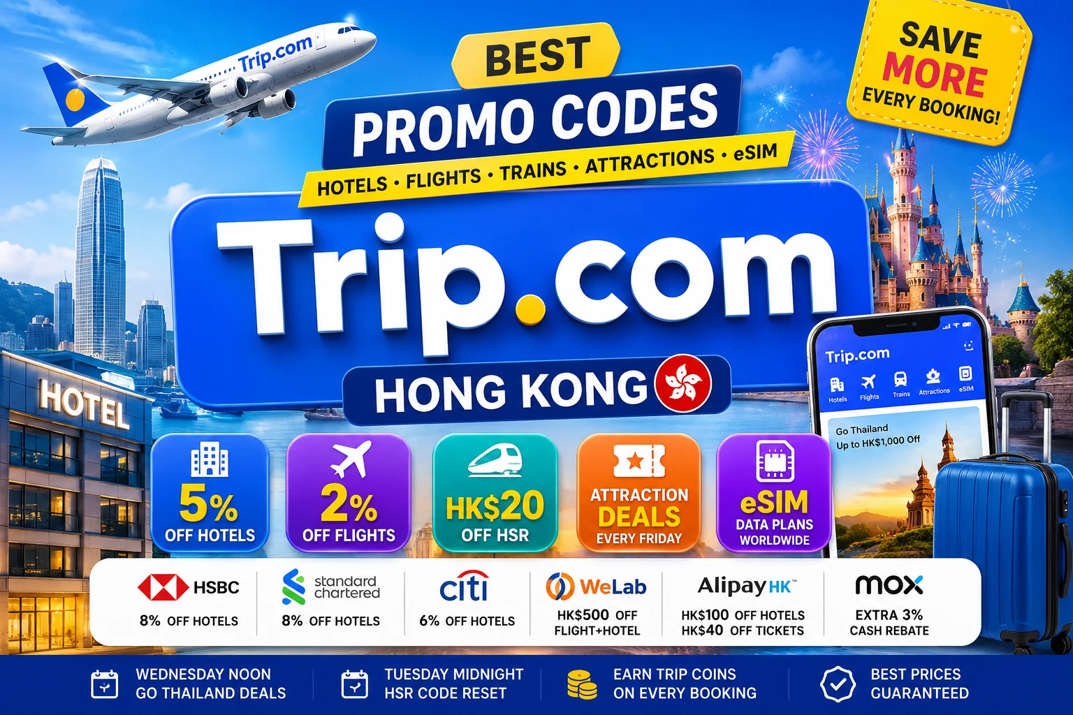 Trip.com Hong Kong Promo Code: HSBC 8% Off Hotels, Go Thailand HK$1,000 Every Wednesday, HSR Train Codes and the Complete HK Travel Discount Guide