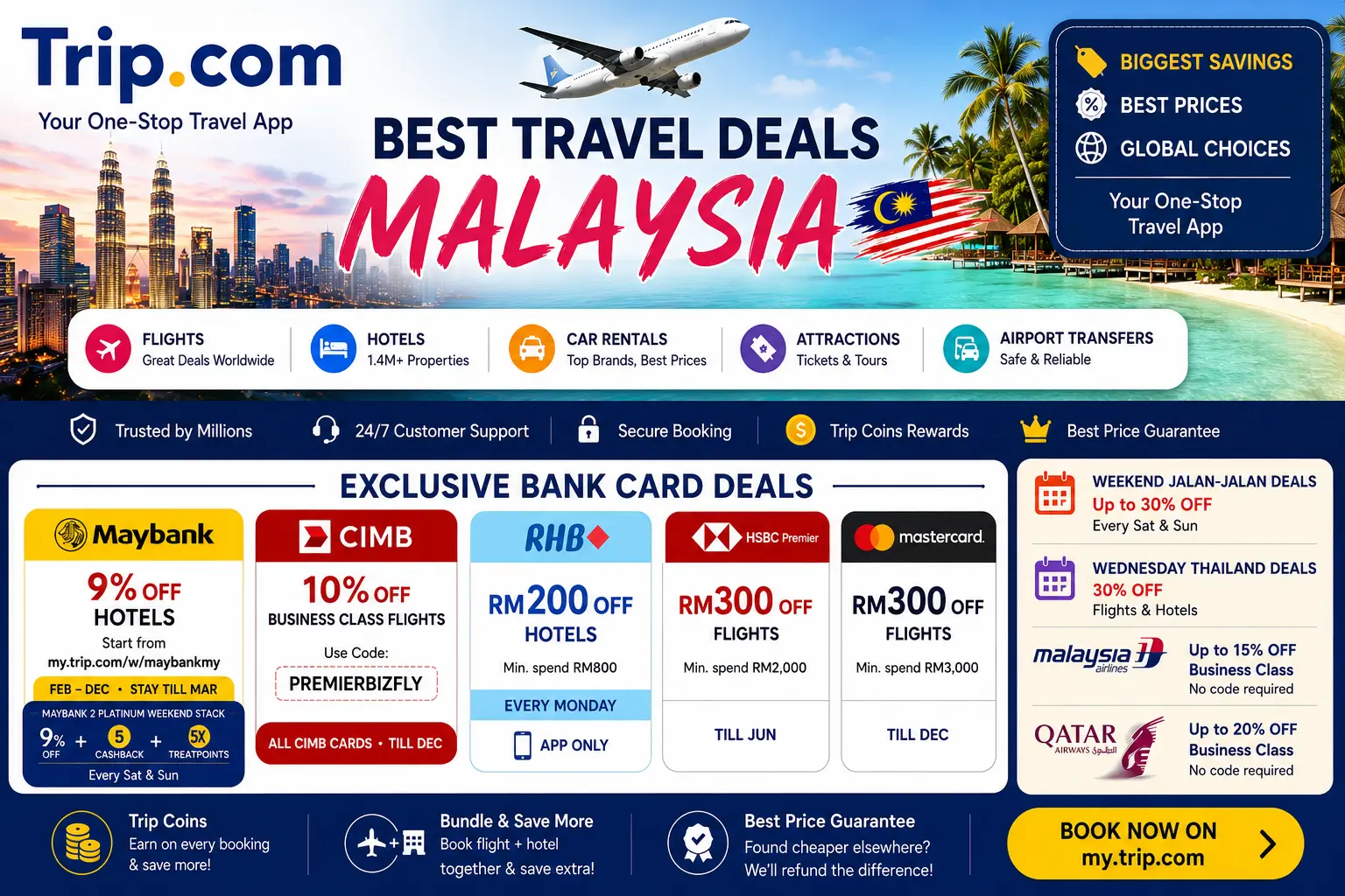Trip.com Malaysia Promo Code: Maybank 9% Off Hotels, CIMB Business Class Deal, Weekend Jalan-Jalan 30% Off and Every Saving for Malaysian Travelers